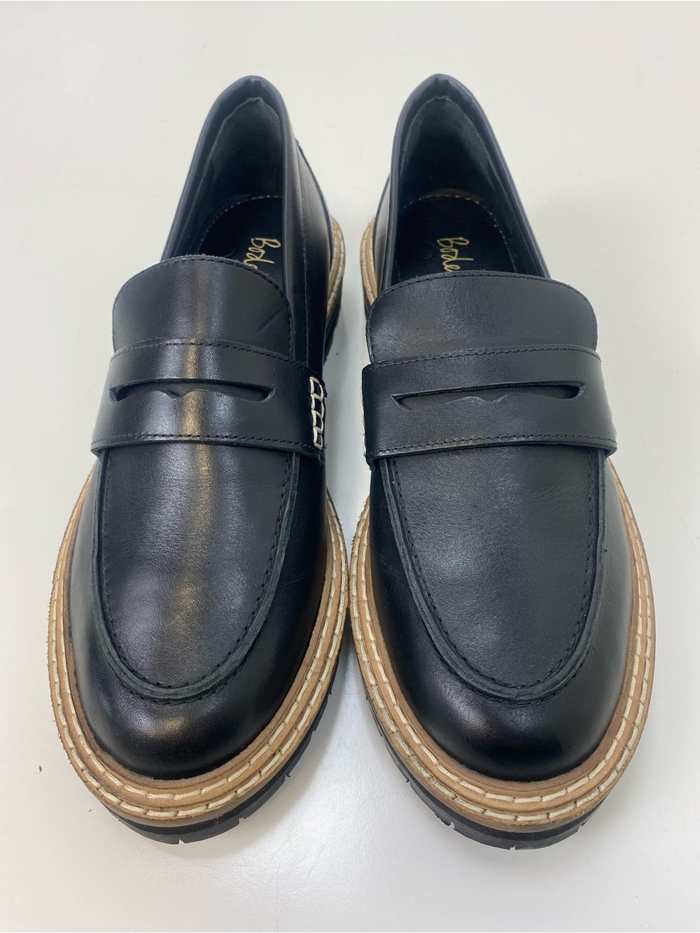 Boden Black Leather Penny Loafers with Tan Stacked Sole